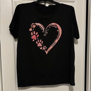Black T-Shirt with Paws Pink Heart Design